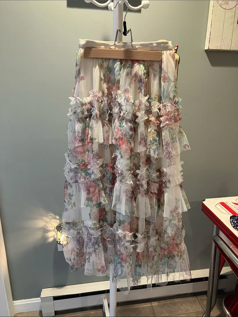 Floral Ruffle Tiered Maxi Skirt - White with Pastel Florals - Picture 1 of 2